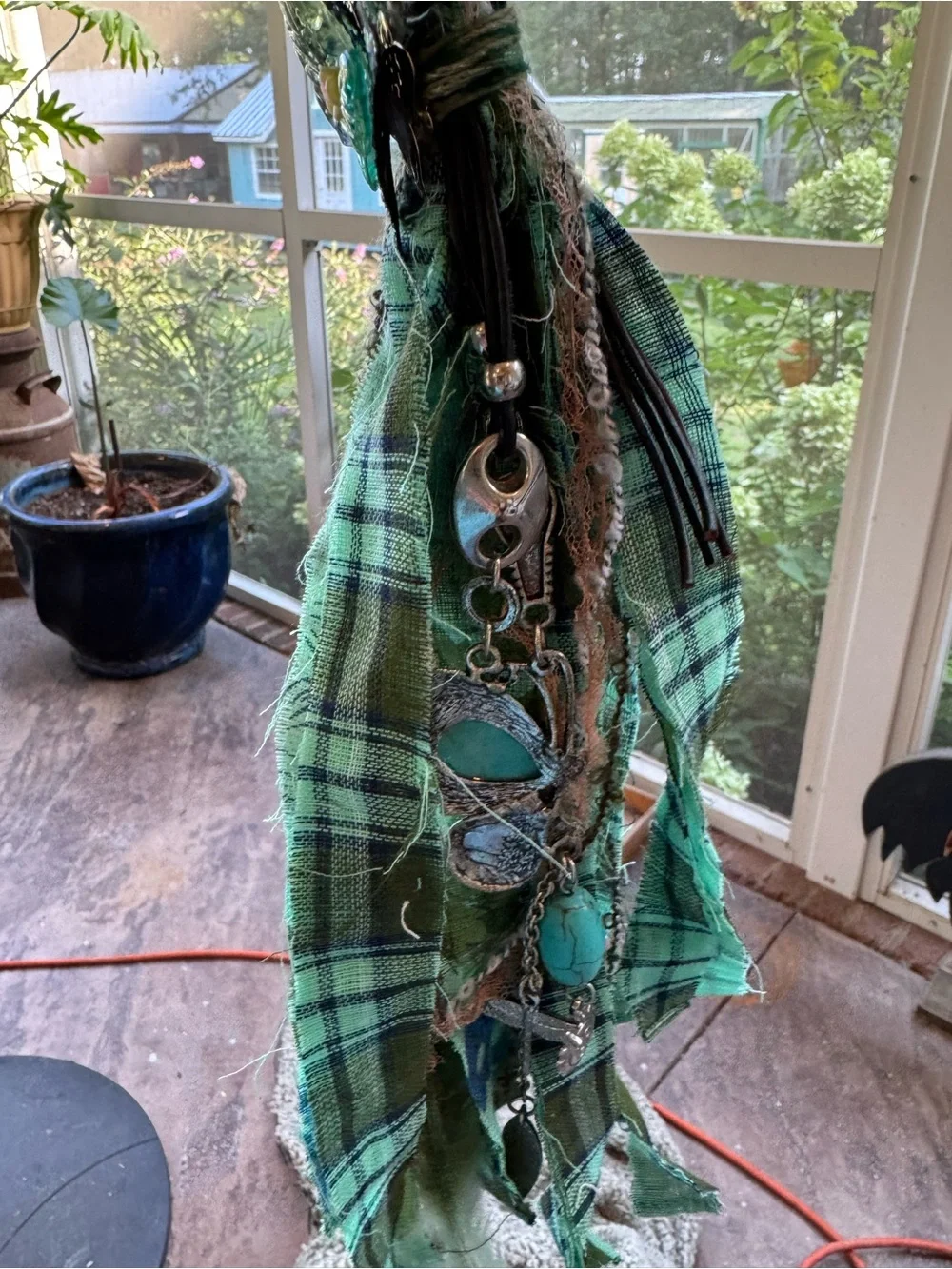 Green Boho Tassel Keychain Charm with Turquoise Accents