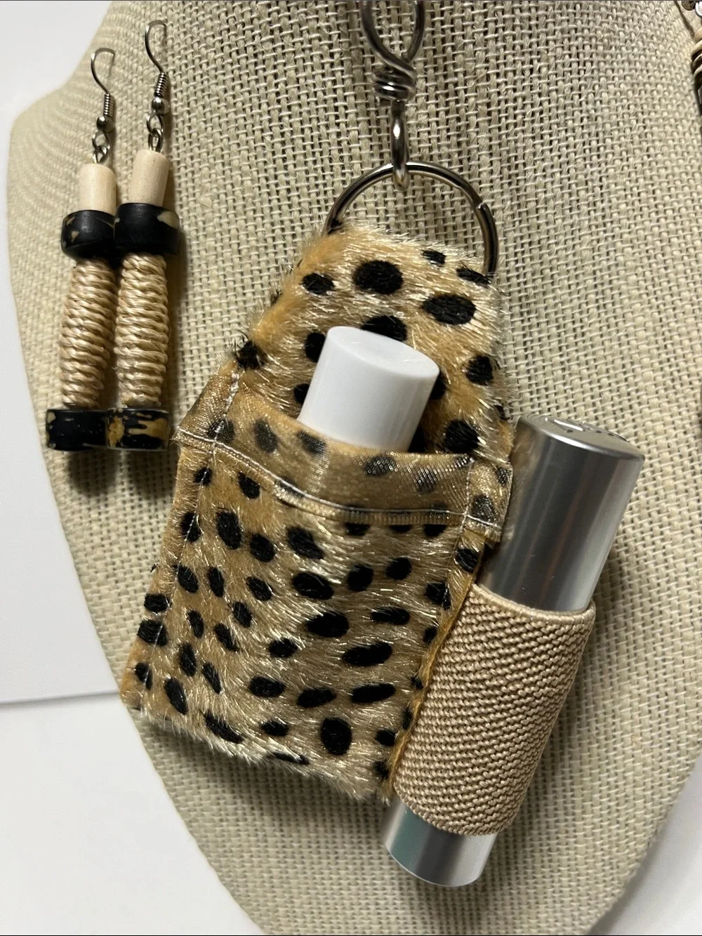 Gift Set Animal Print Faux Fur Double Lipstick Holder Purse Charm 2 pr earrings