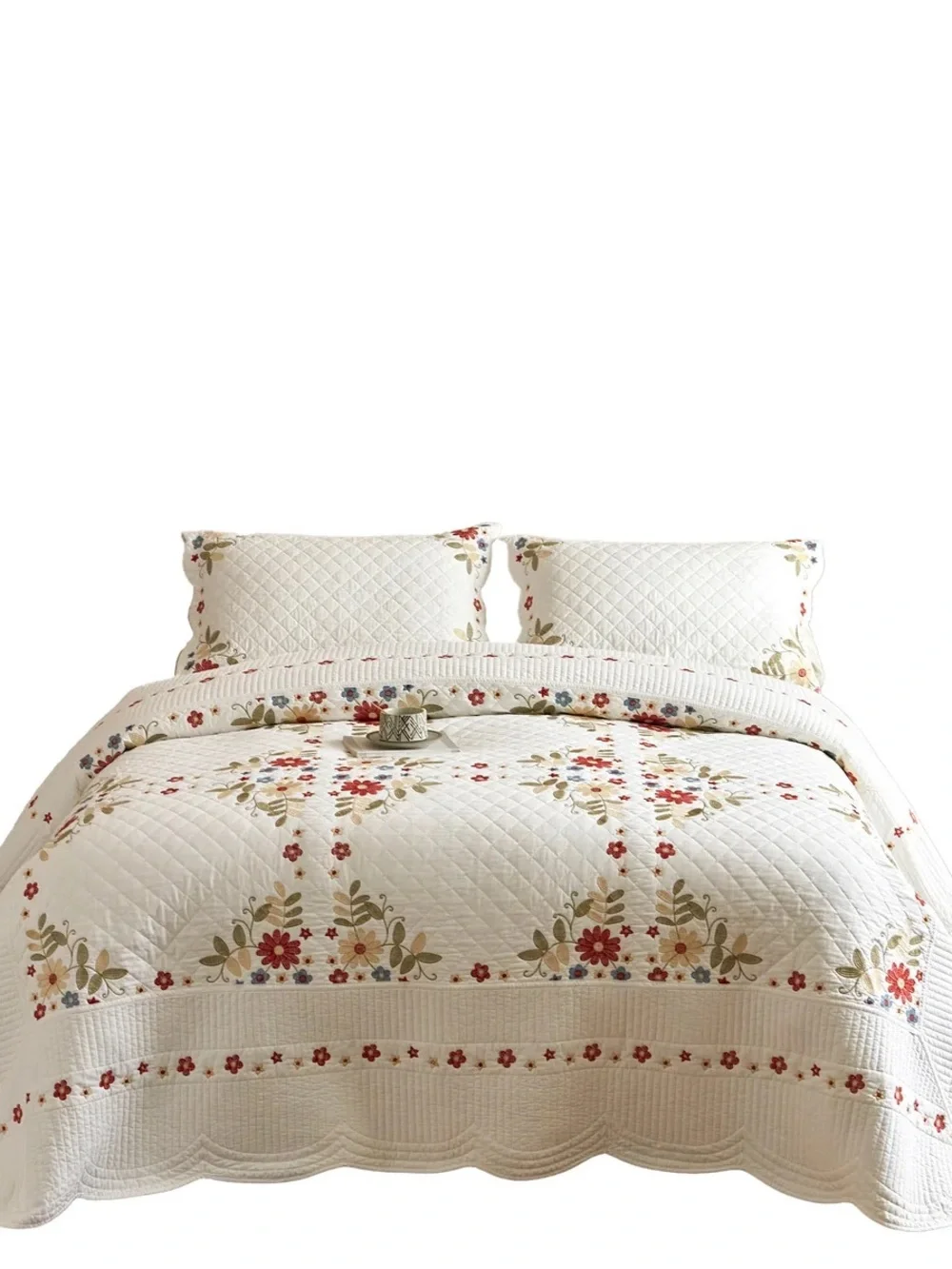 3 piece 100% cotton embroidered cottage floral quilt set farmhouse bedspread
