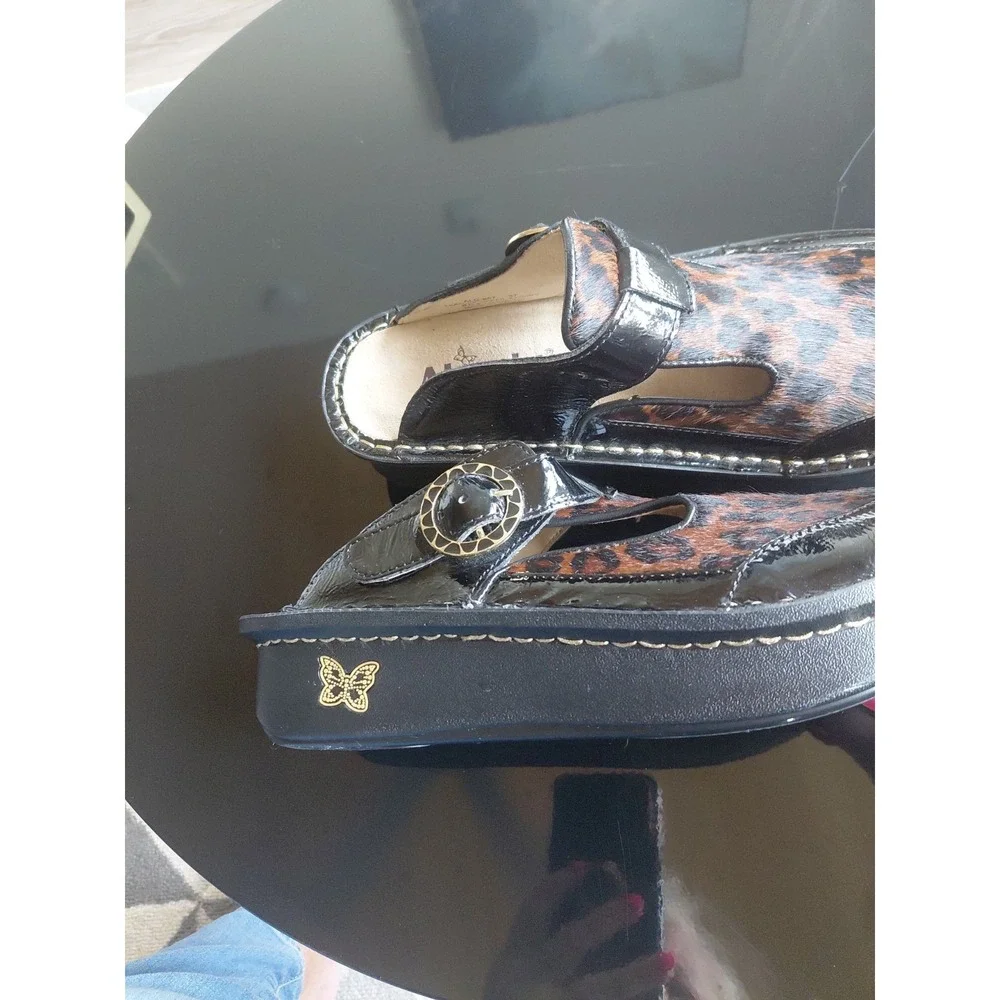 Alegria Leopard Calf Hair Patent Leather Mary Jane Clog Mules Size 37 (US 7-7.5)