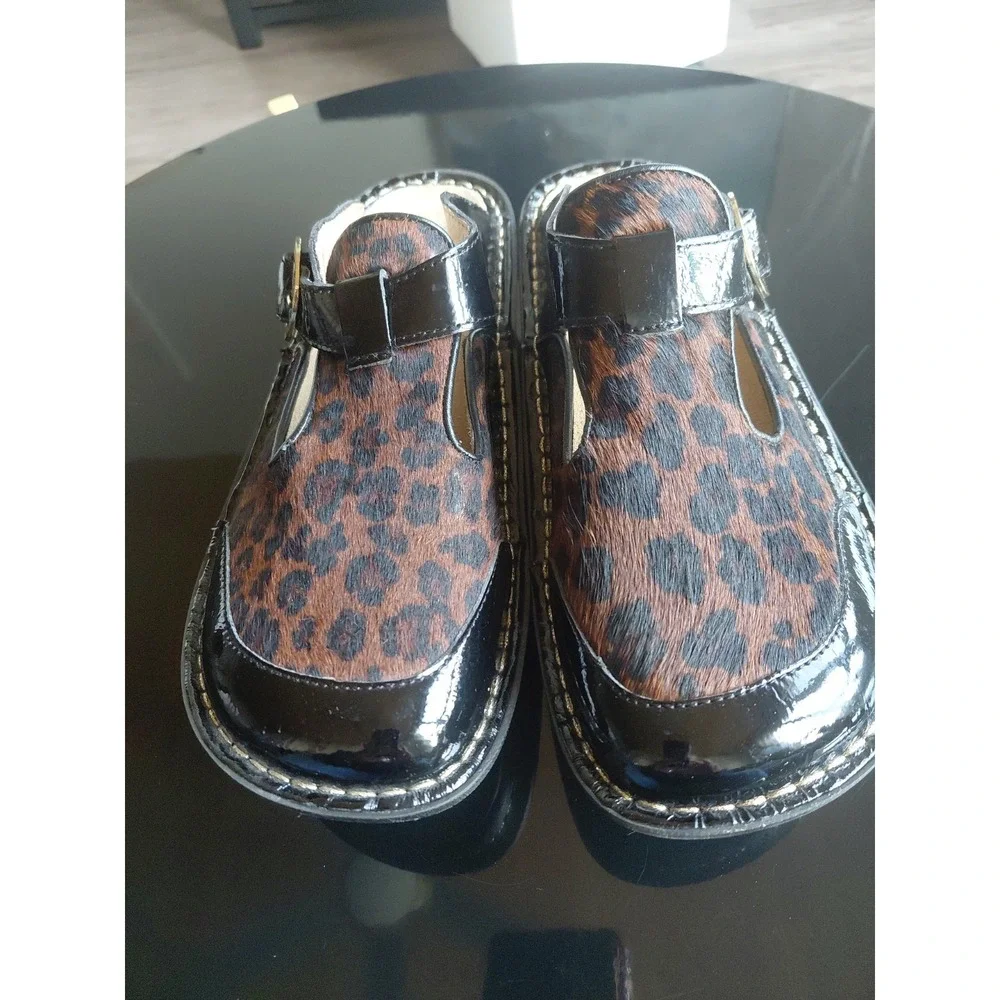 Alegria Leopard Calf Hair Patent Leather Mary Jane Clog Mules Size 37 (US 7-7.5)