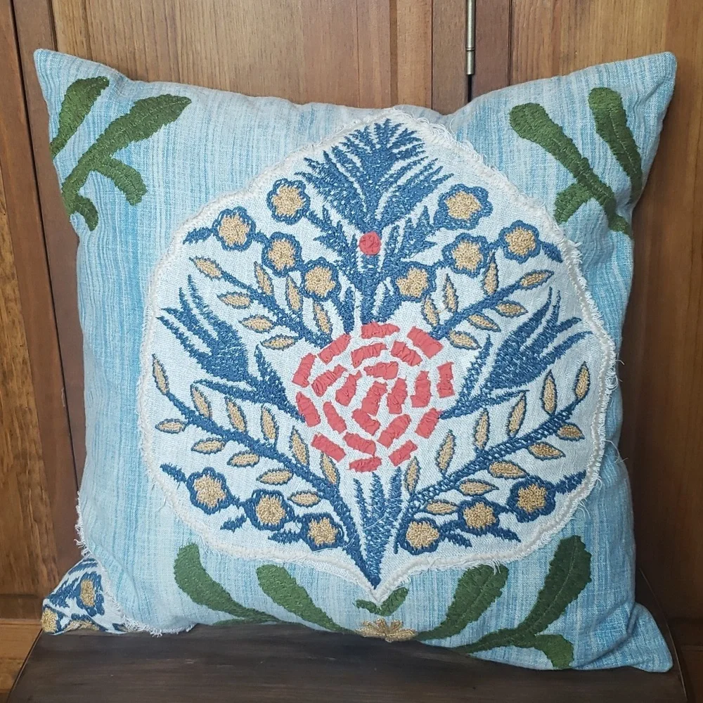 Pottery Barn Floral Applique Embroidered Pillow