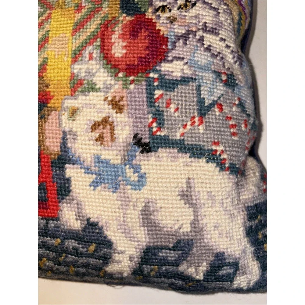 Vintage Crewel Teddy Bear Kitten Christmas Pillow 13” X 13” Removable Cover