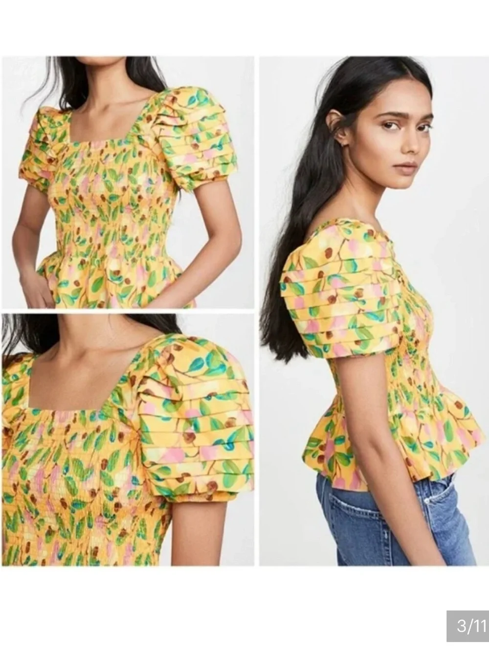 FARM Rio Yellow flower/fruit print Puff Sleeve Smocked Blouse