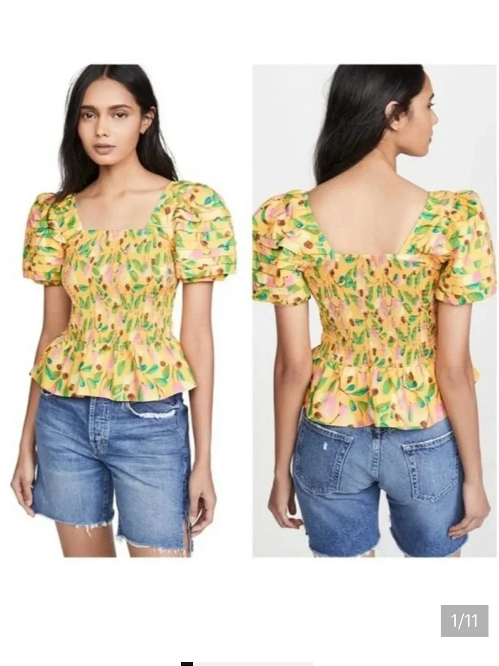 FARM Rio Yellow flower/fruit print Puff Sleeve Smocked Blouse