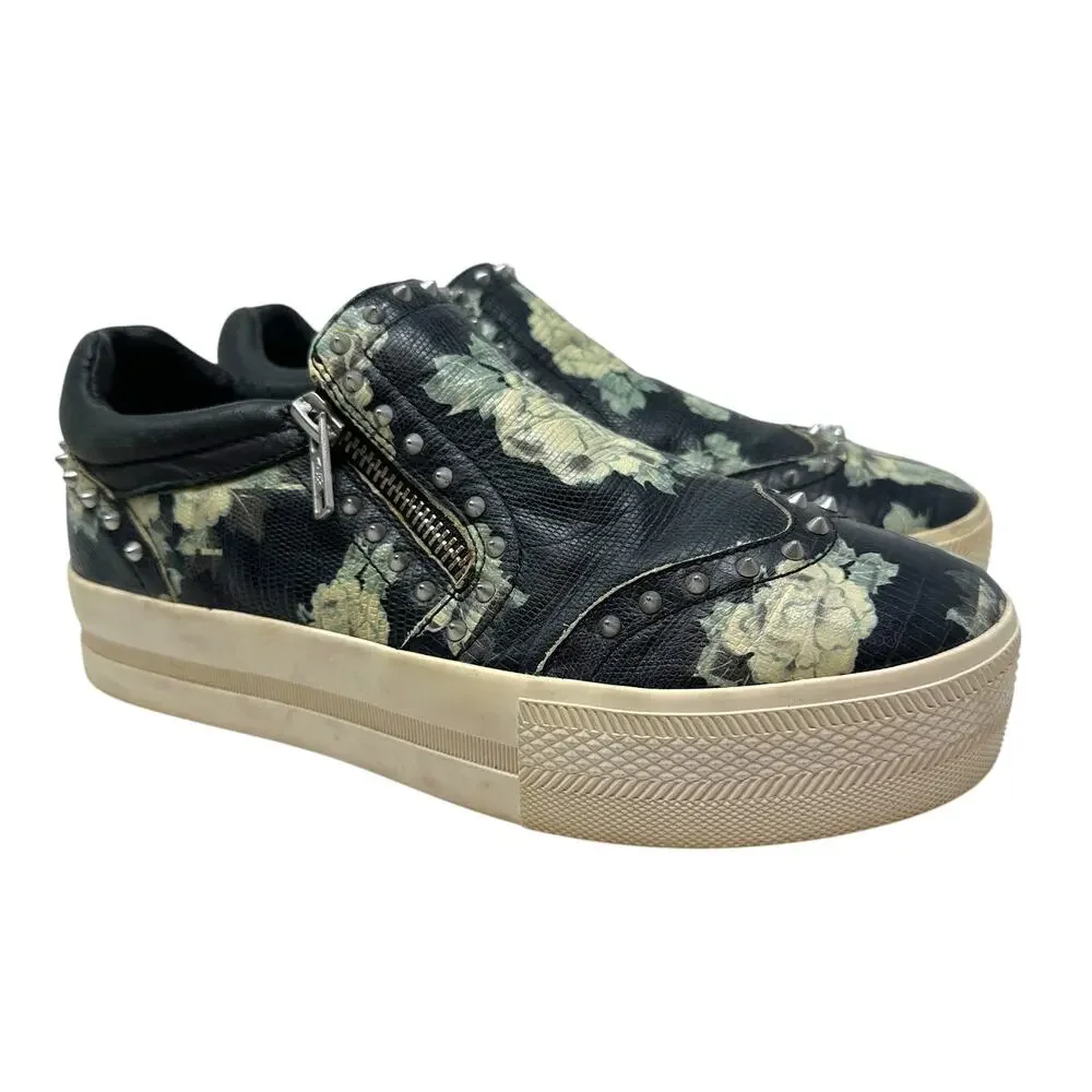 Ash Jasmin‎ Platform Sneakers Leather Floral Studded Black Blue Size 38 US 7.5 8