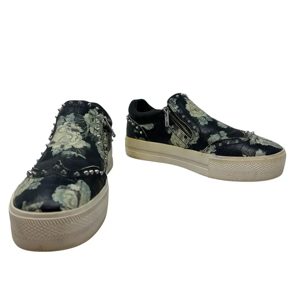 Ash Jasmin‎ Platform Sneakers Leather Floral Studded Black Blue Size 38 US 7.5 8