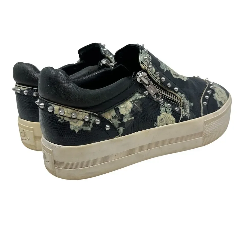 Ash Jasmin‎ Platform Sneakers Leather Floral Studded Black Blue Size 38 US 7.5 8
