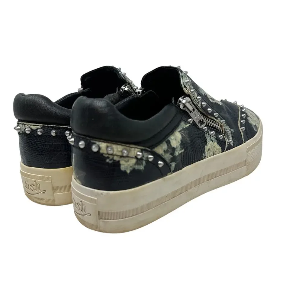 Ash Jasmin‎ Platform Sneakers Leather Floral Studded Black Blue Size 38 US 7.5 8