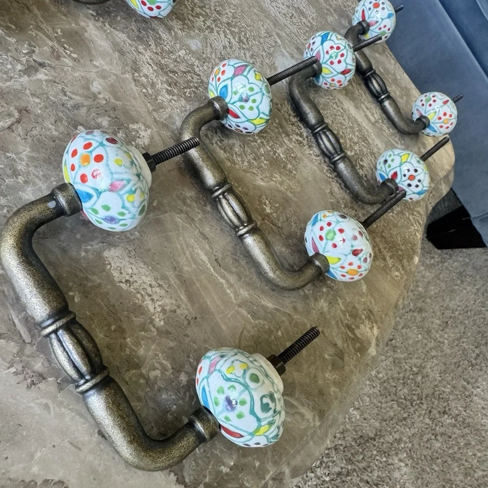 Lot 8 Hand Painted Ceramic & Brass Boho Colorful Cabinet / Drawer /Dresser Pulls