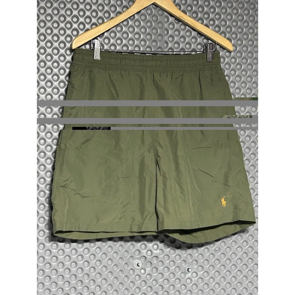 Polo Ralph Lauren Men's Olive Traveler Swim Trunks Orange Pony Logo Mesh Lined