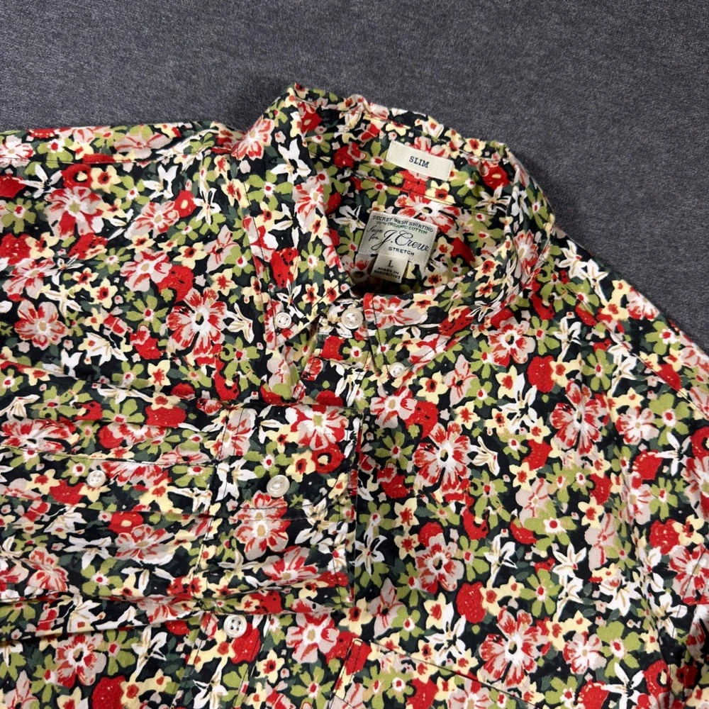 J. Crew Secret Wash Shirt Mens Large Multicolor Slim Floral Organic Cotton L/S