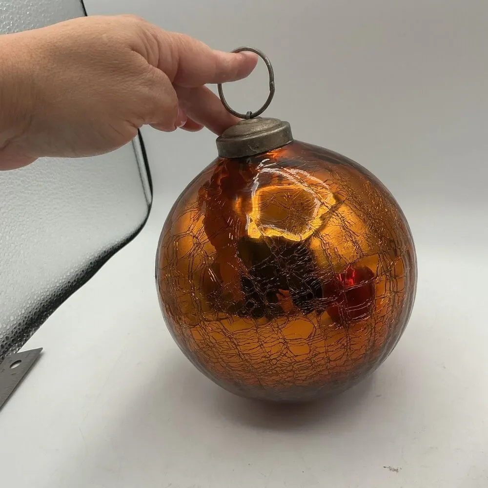 Vintage Large Yellow Crackle Glass Christmas Ornament 6” Heavy Silver Cap Decor