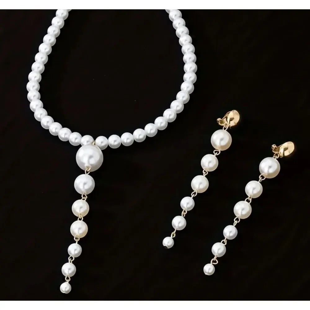Clip on gold and white pearl necklace and earring set