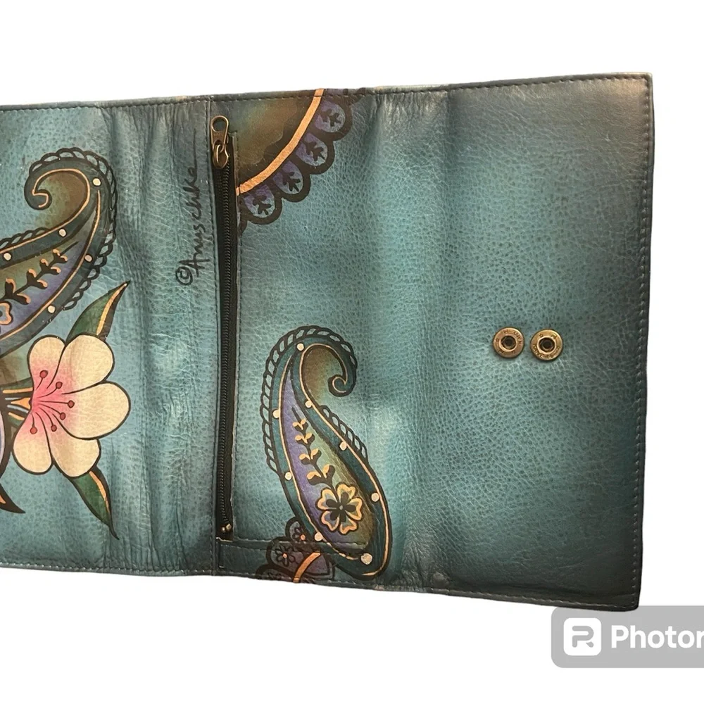 Anna by Anuschka hand painted original artwork leather trifold wallet.