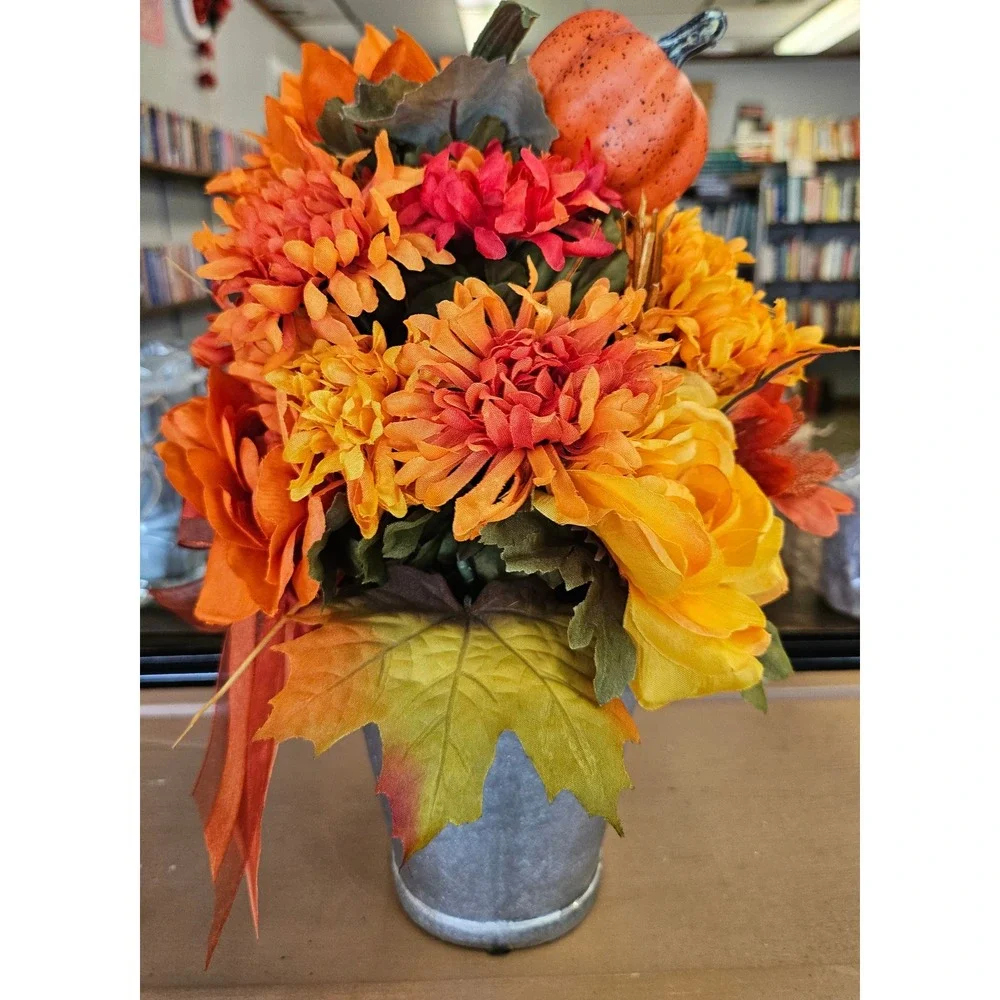 Handmade Fall Floral Arrangement OS Orange Pumpkin Harvest Centerpiece Decor