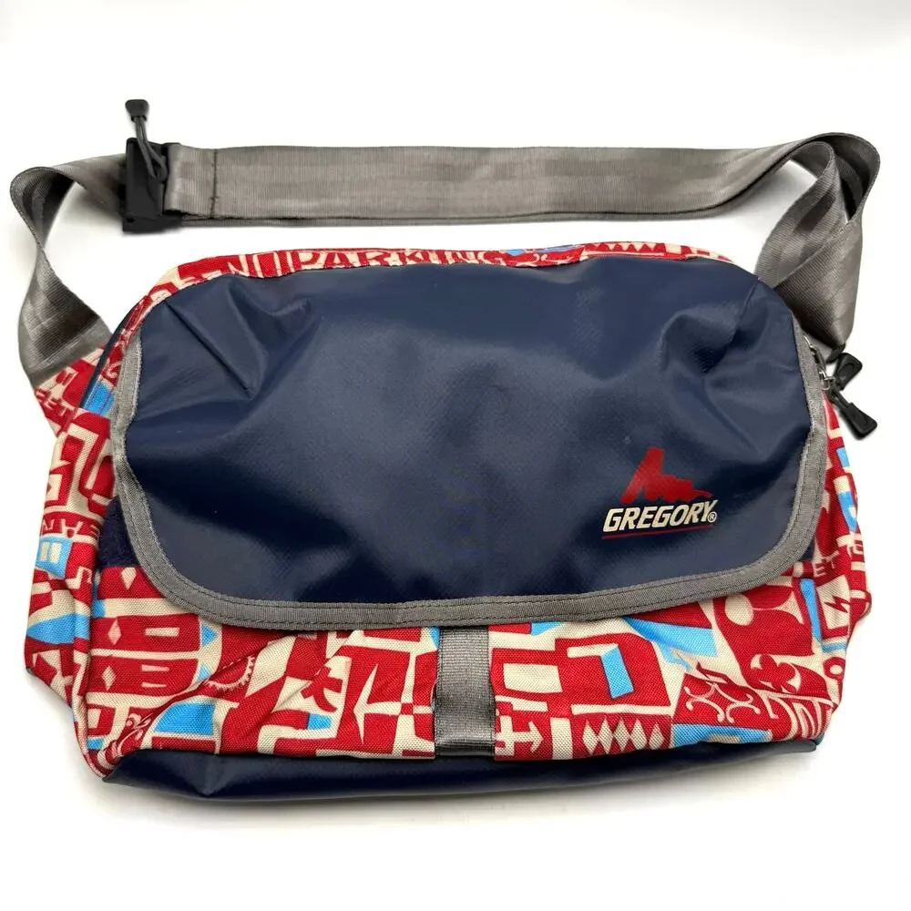 Gregory Water Resistant Flap Front Messenger Shoulder Bag Red Blue Cityscape
