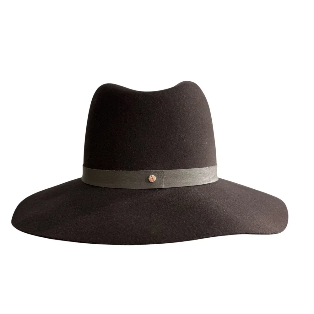 Janessa Leone Cole Hat Brown Wool Wide Brim Fedora Gray Leather Band Large USA