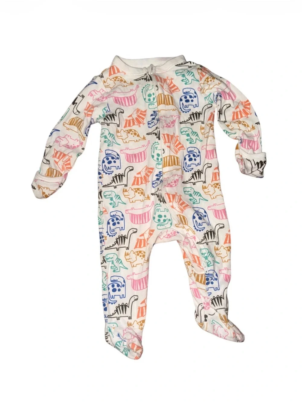 Old Navy White Footed One-Piece with Multicolor Dinosaur Print 100% cotton