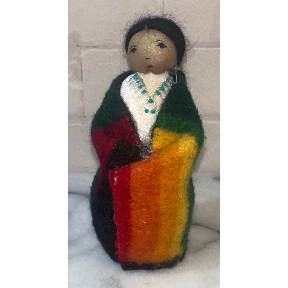 Vintage Native American Style Cloth Doll Wool Felt Rainbow Blanket Beaded 5in