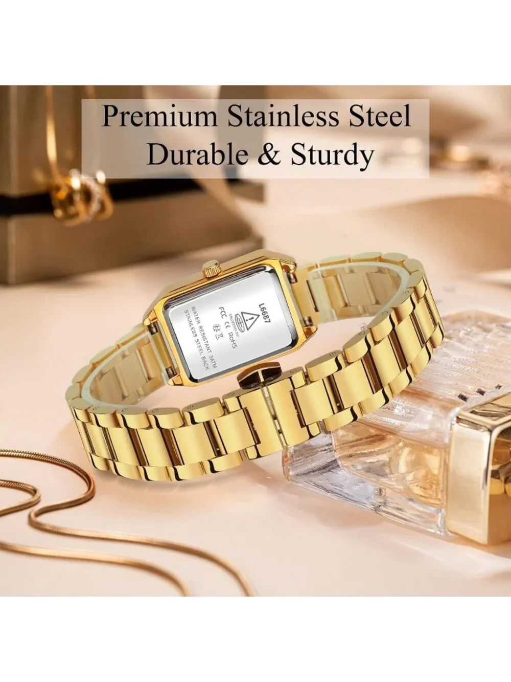 Women's Gold Pink Analog Quartz Stainless Steel Waterproof Luxury Bracelet Watch