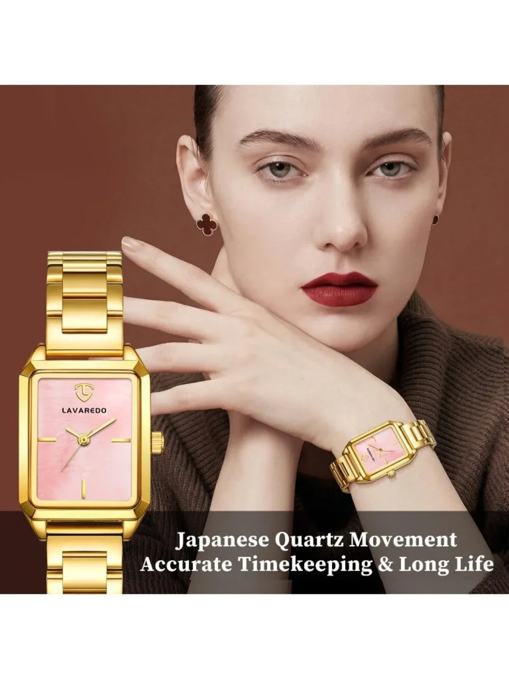 Women's Gold Pink Analog Quartz Stainless Steel Waterproof Luxury Bracelet Watch