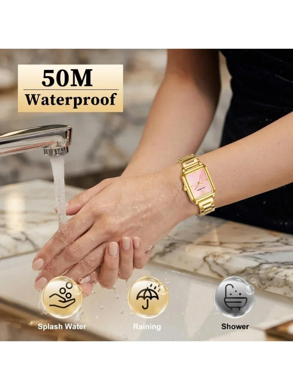 Women's Gold Pink Analog Quartz Stainless Steel Waterproof Luxury Bracelet Watch