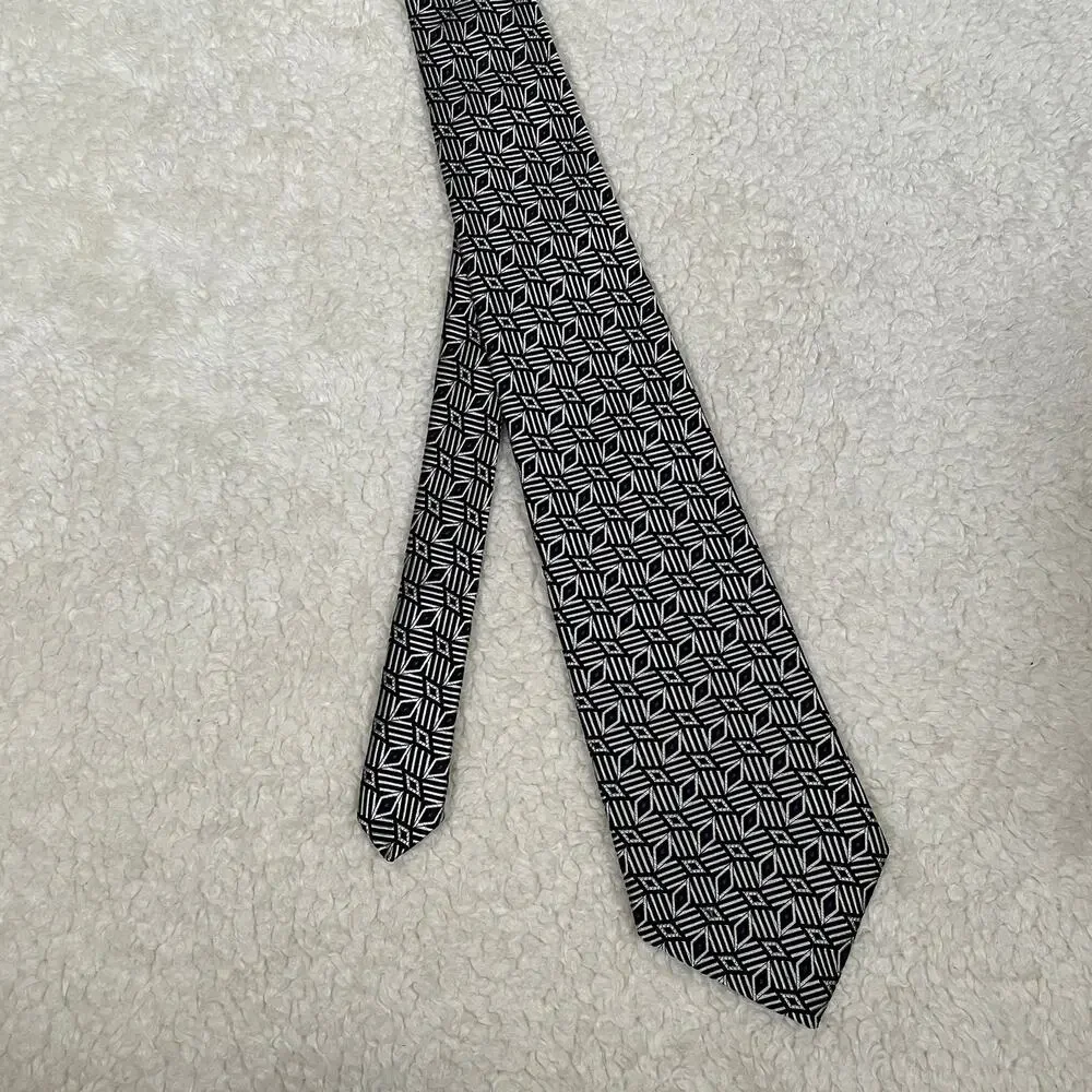 Oscar de la Renta Silk Neck‎ Tie Geometric Print Black White Purple