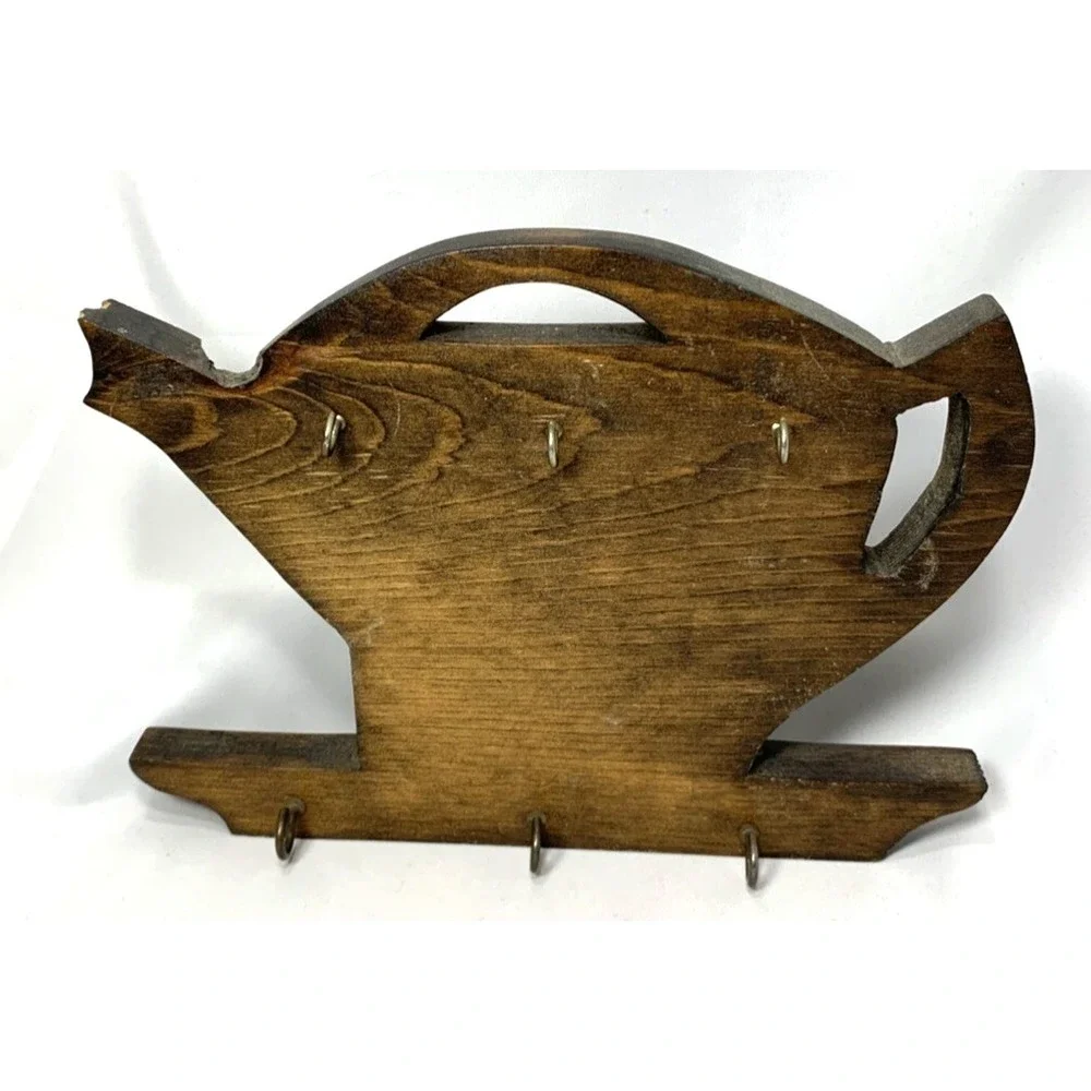 Wood Teapot Shaped Hanging‎ Key Holder Hooks Wall Decor Cottagecore Tea Vintage