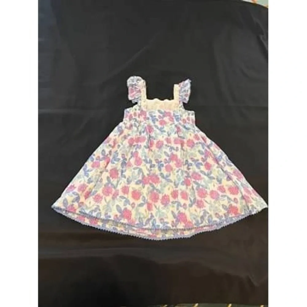 Floral Clover Print Ruffle Strap Cotton Dress with Pom Pom Trim Pink Blue