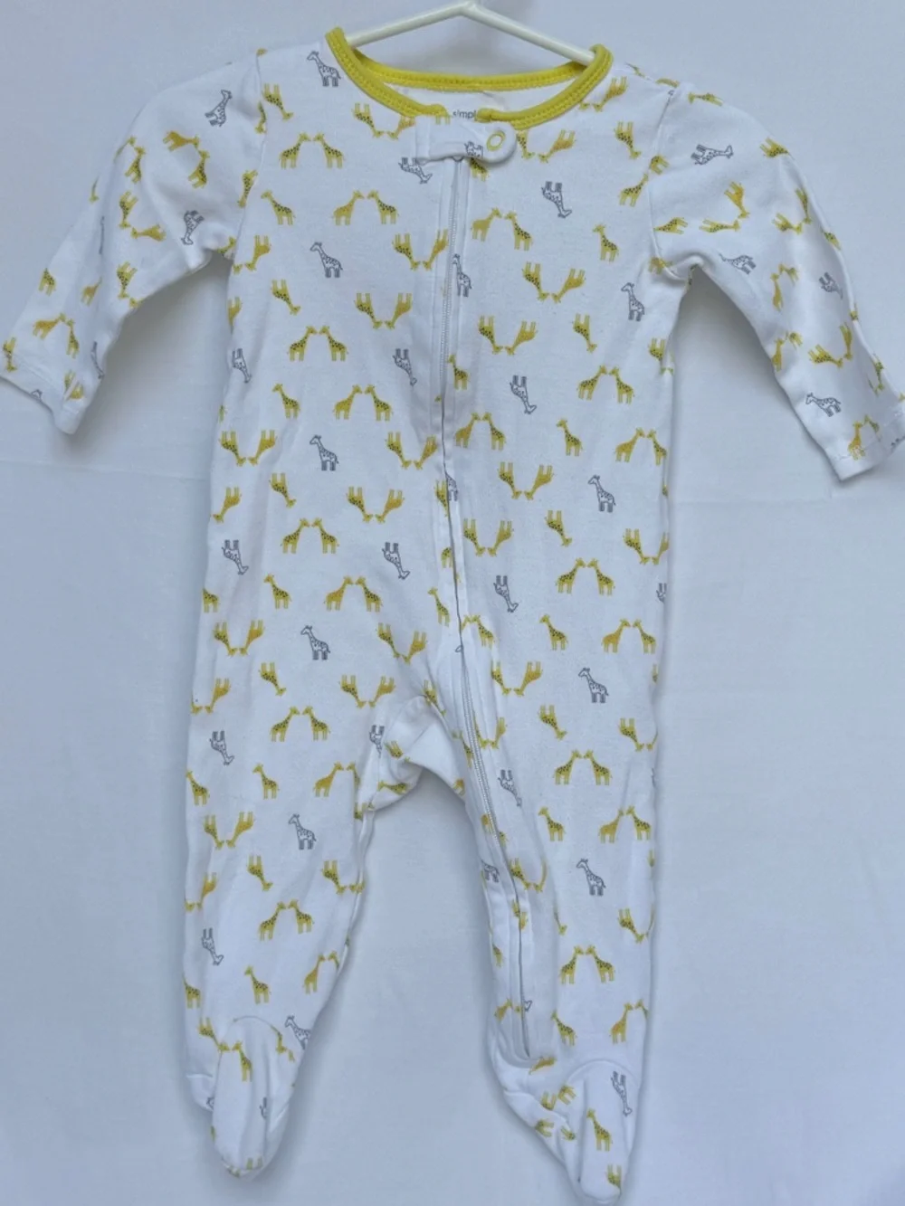 3-6 MTH Simple White Footed One-Piece with Yellow & Gray Giraffe Print
