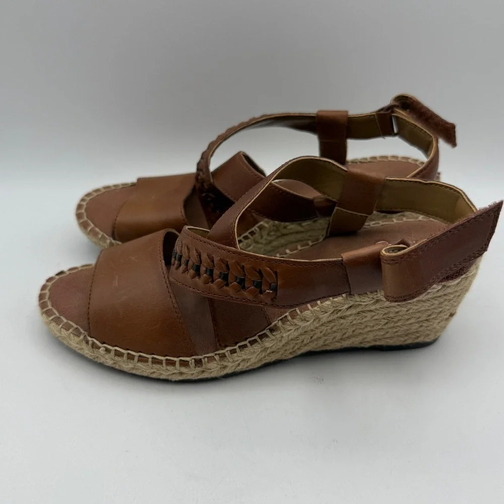 Clarks Unstructured Wedge Sandals Womens 6 Brown Leather Espadrille‎ Whipstitch