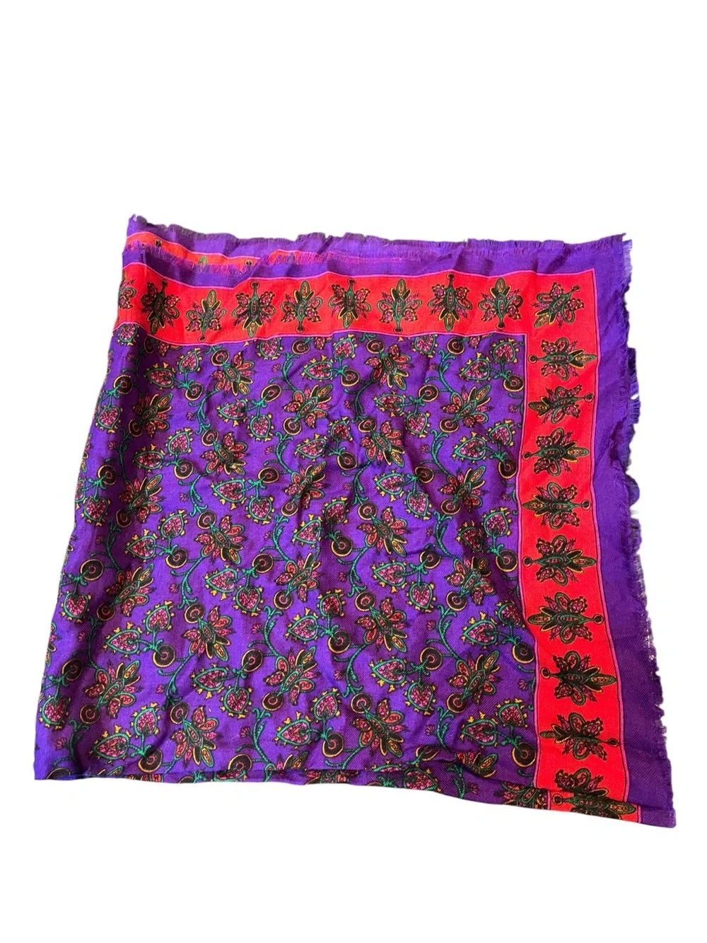 Vintage Purple & Red Paisley Boho Fringe Square Scarf Retro Statement Wrap Japan