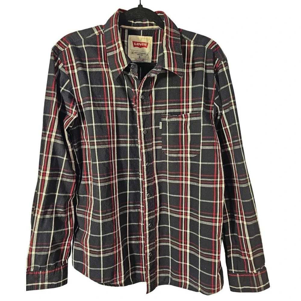 Levis Modern Mens‎ Large Black Red Plaid Long Sleeve Button Down Shirt Med