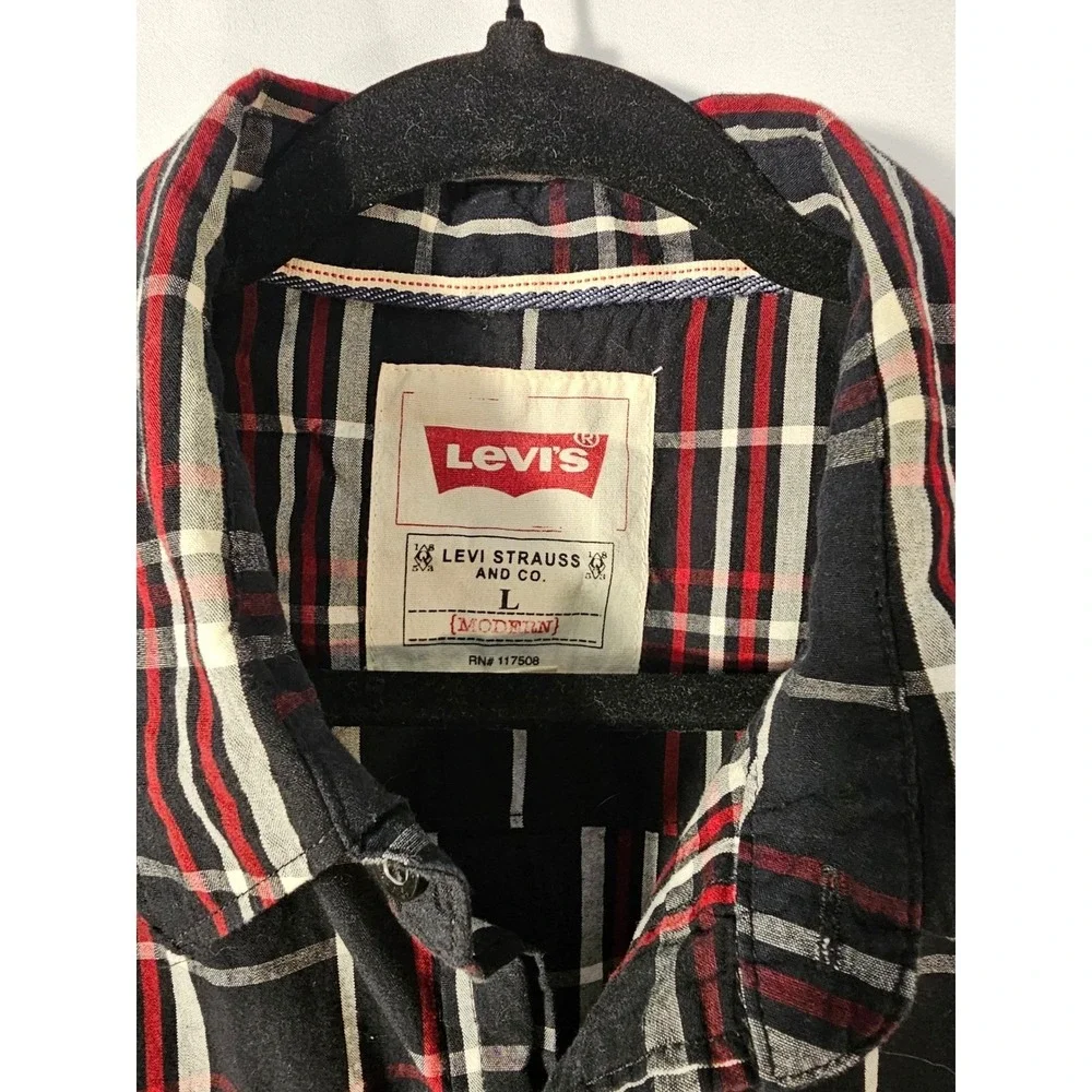 Levis Modern Mens‎ Large Black Red Plaid Long Sleeve Button Down Shirt Med