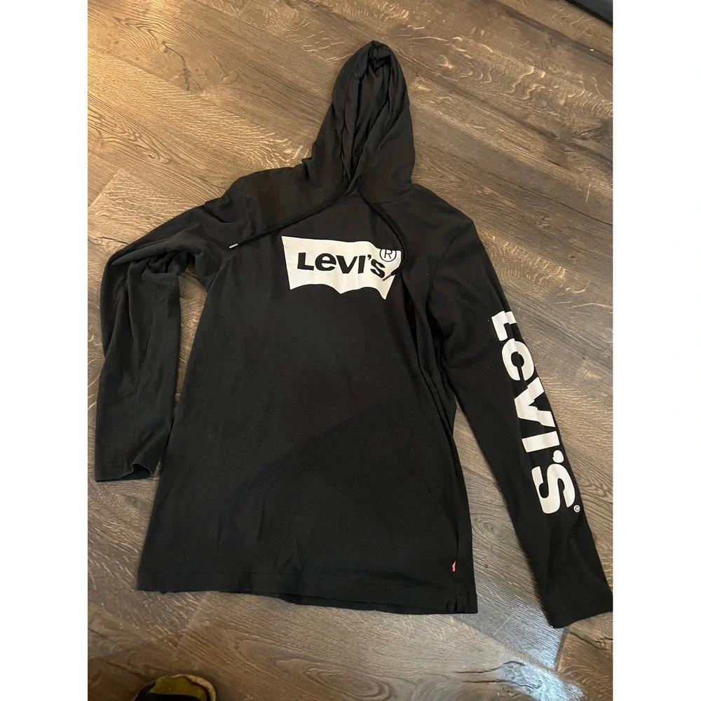 Levis Mens Long Sleeve Hooded T-Shirt Black‎ White Batwing Logo Graphic Small