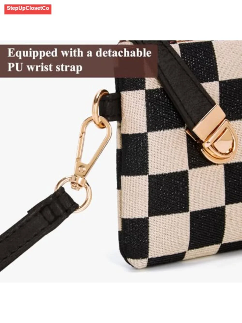 Small Checkered Wristlet Wallet with Detachable Strap, Lightweight and Portable