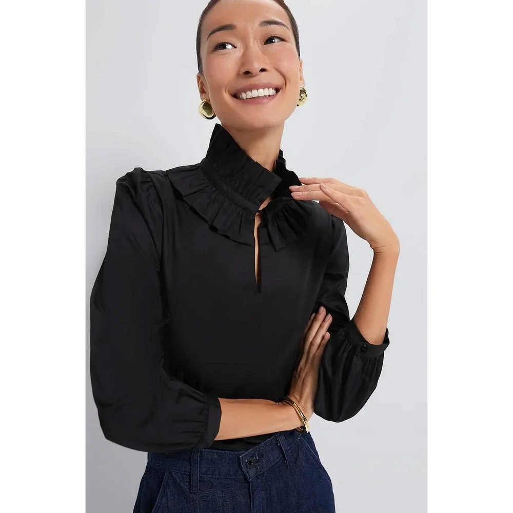 Tuckernuck‎ Black Ruffle Neck Bouvier Blouse Puff Sleeve  XXL New