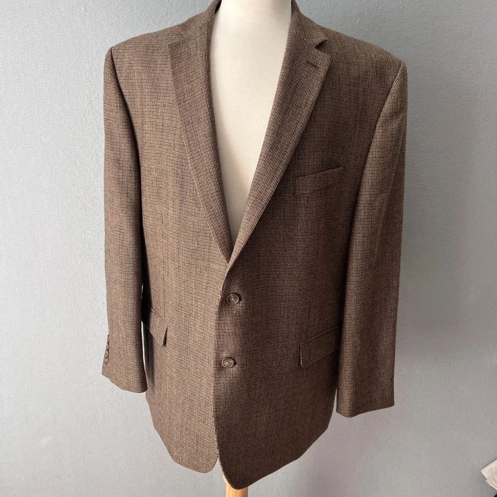 Chaps Blazer Mens 48R Brown Houndstooth 100% Wool Two Button Sport Coat Classic