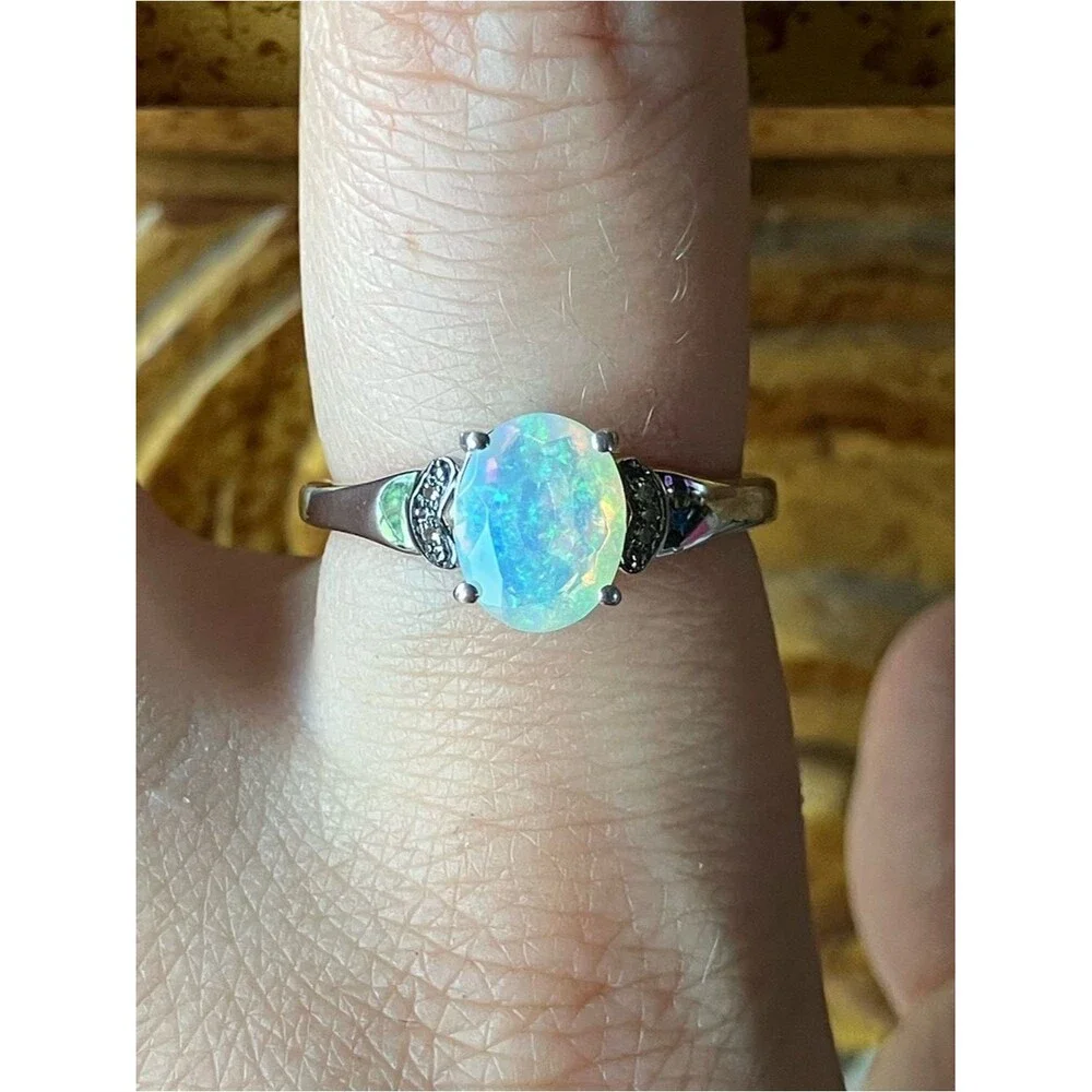 Natural Ethiopian Opal Champagne Diamond Sterling Silver Ring Size 8