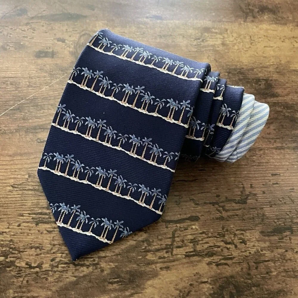 Tommy Bahama Mens Tie Navy Blue Palm Tree Beach Stripe Silk USA Made Necktie