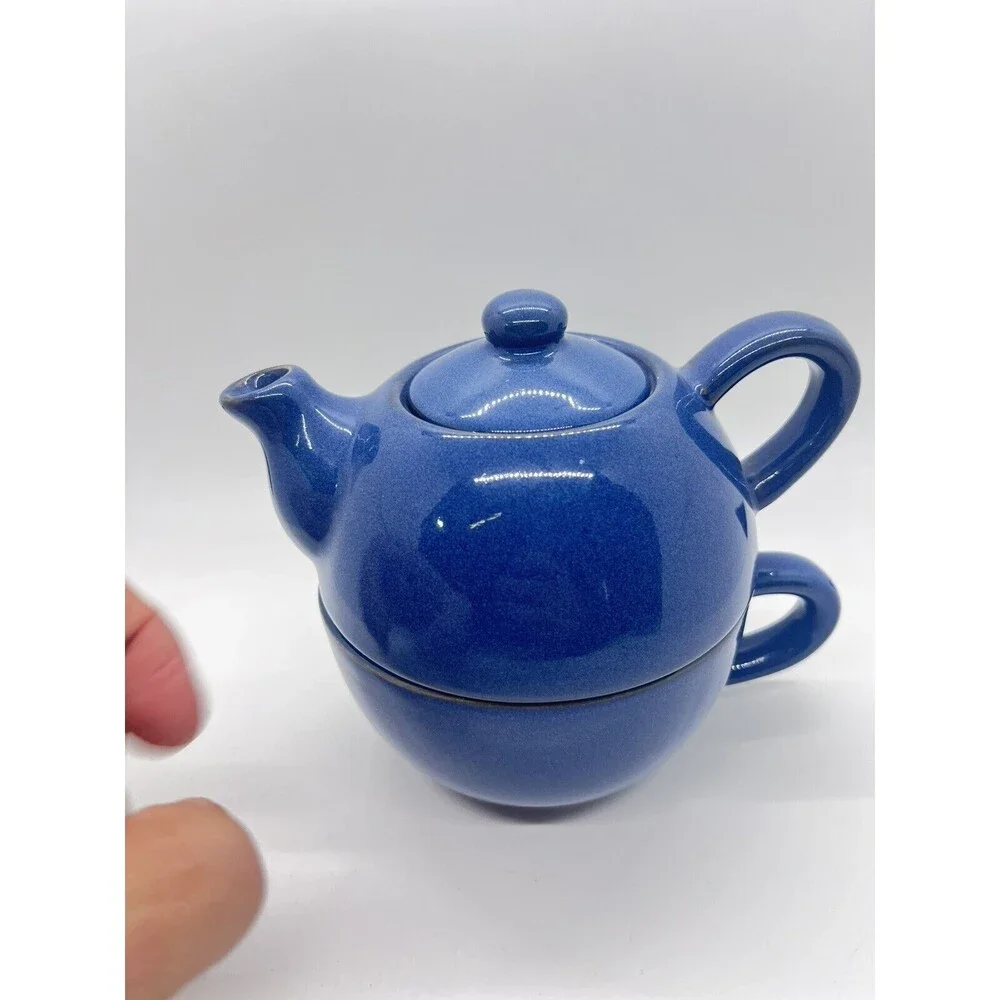 Blue PIER 1 Stoneware Teapot W/Mug Set ~ Stackable 3 Piece Set