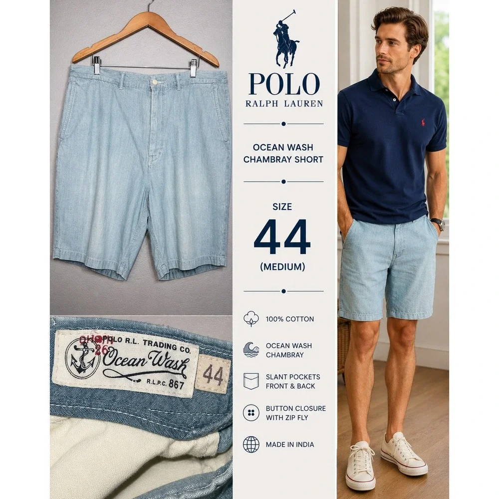Polo Ralph Lauren Ocean Wash Chambray Shorts Mens 44 Light Blue Cotton Preppy