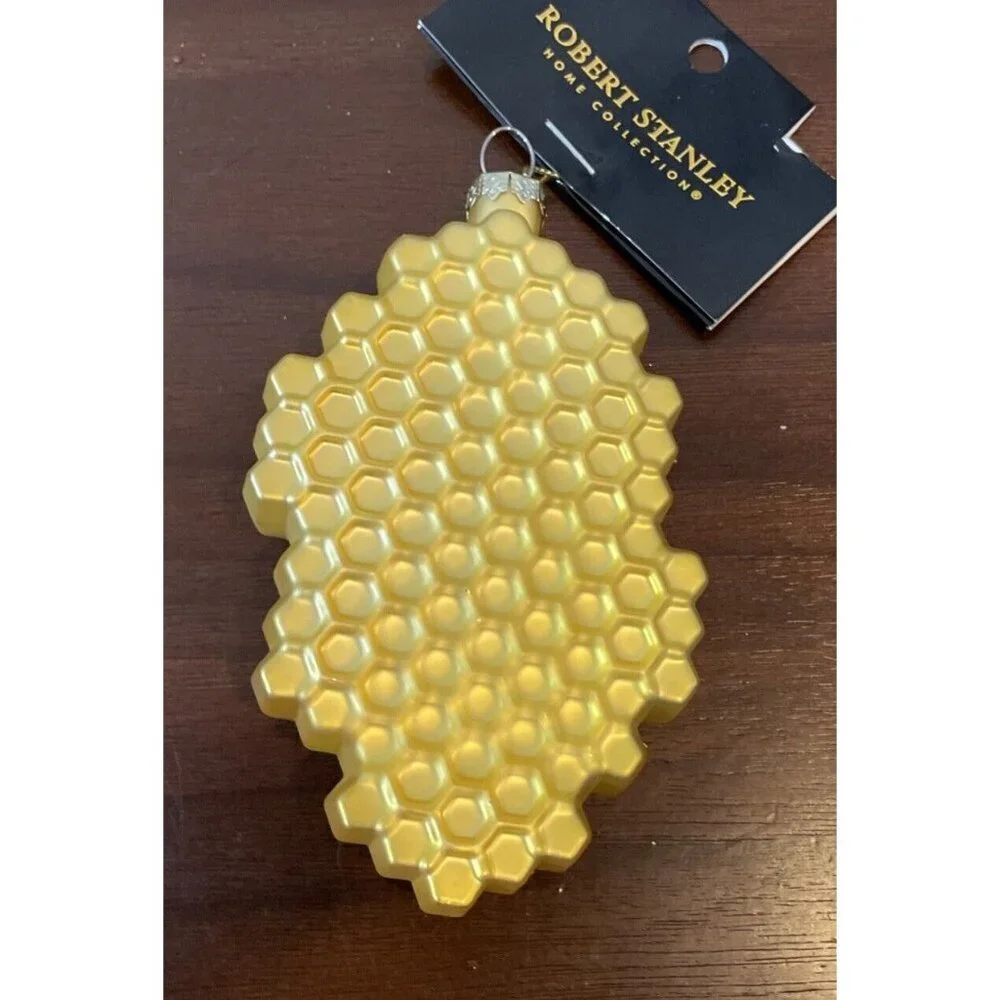 Robert Stanley Honeycomb Bee Glass Christmas Holiday Ornament‎ Gold Yellow NEW