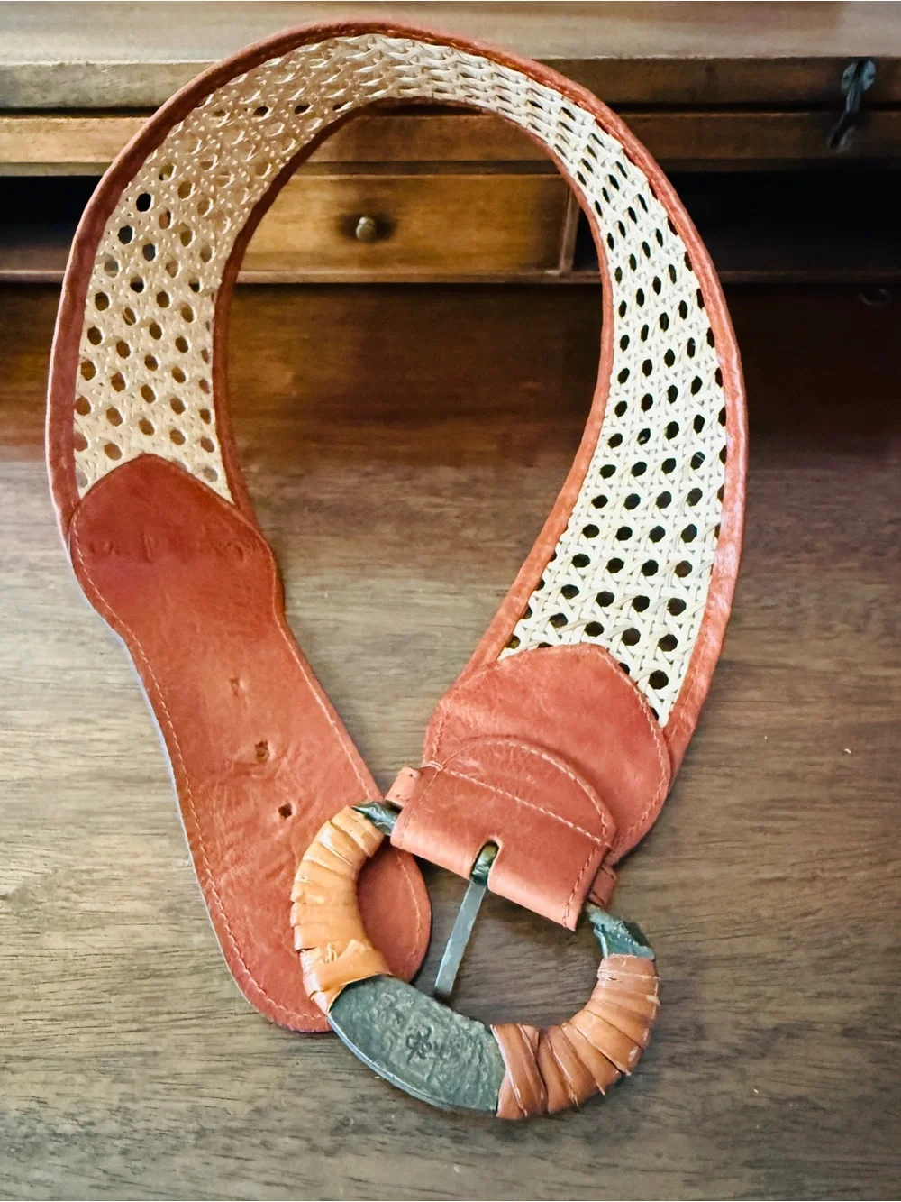 Vintage 80s LE COURIER Italy Woven Rattan/Cane and Leather Corset Boho Belt S/M