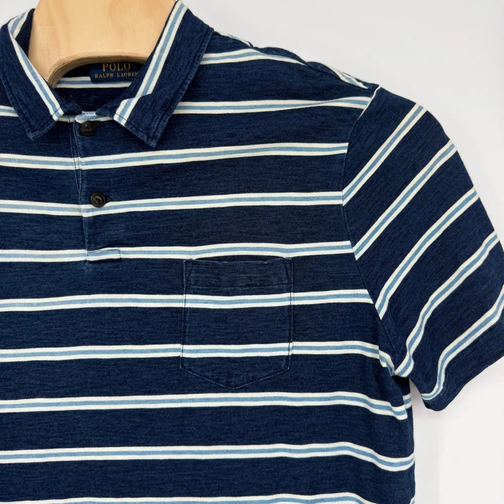 Polo Ralph Lauren Mens XL Navy Blue White Striped Pocket Polo Shirt RL Anchor