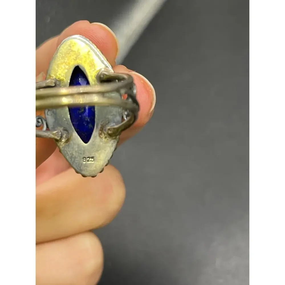 Vtg Blue Lapis Lazuli Faceted Gemstone 925 Sterling Silver Cocktail Ring Sz 9.5