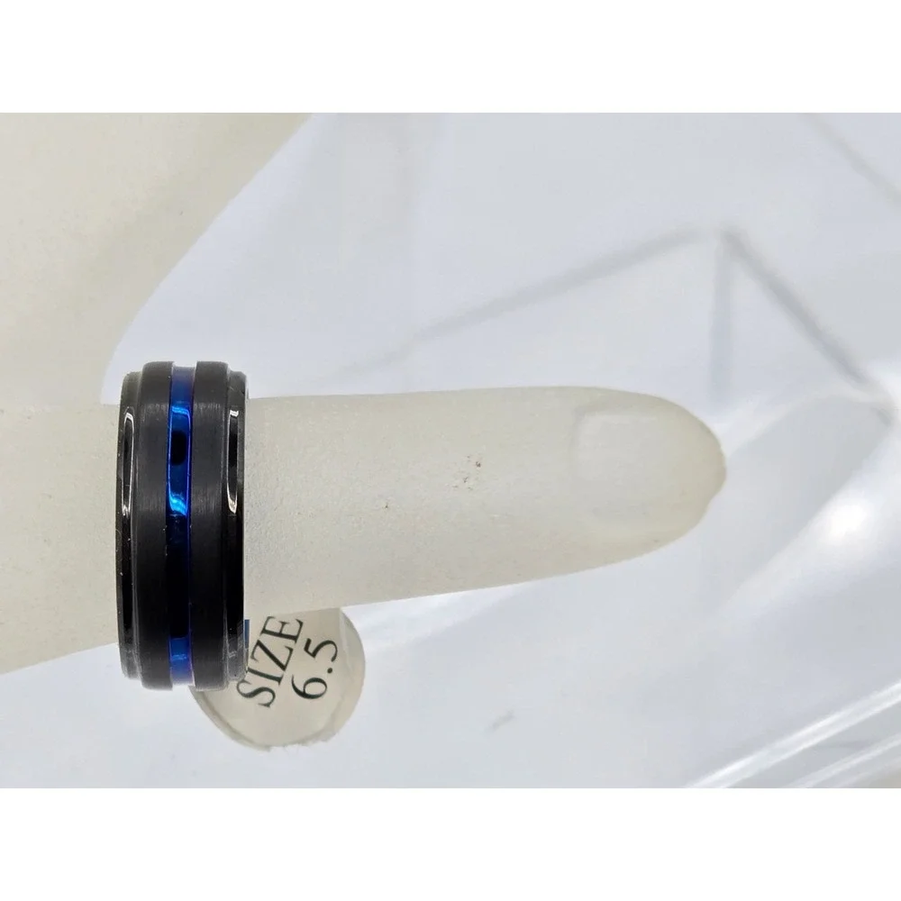 Tungsten Men's Sz 6.5 Blue &Black Center Channel Stripe Comfort Fit Wedding Band