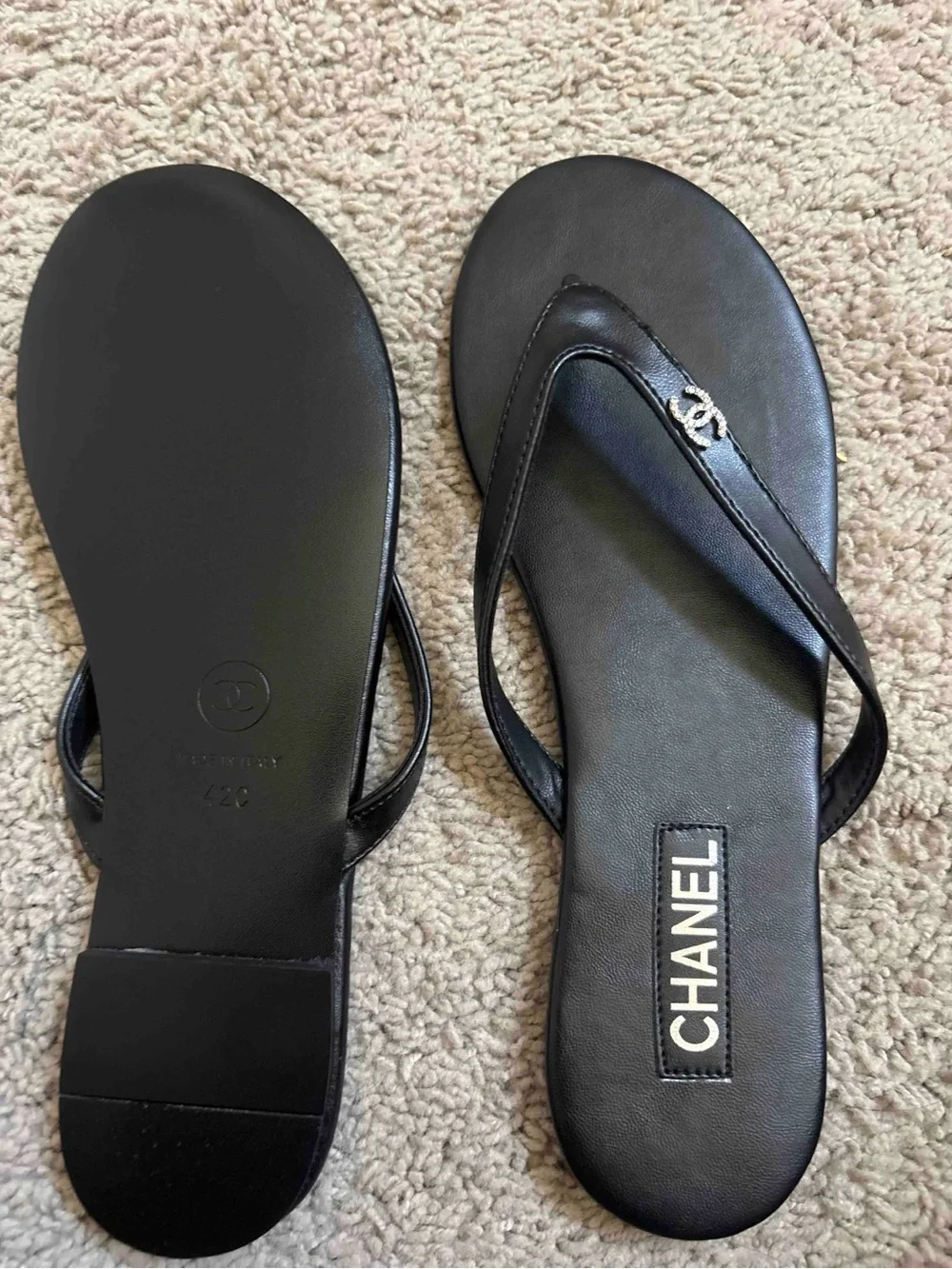 CHANEL Black Leather Logo Thong Sandals