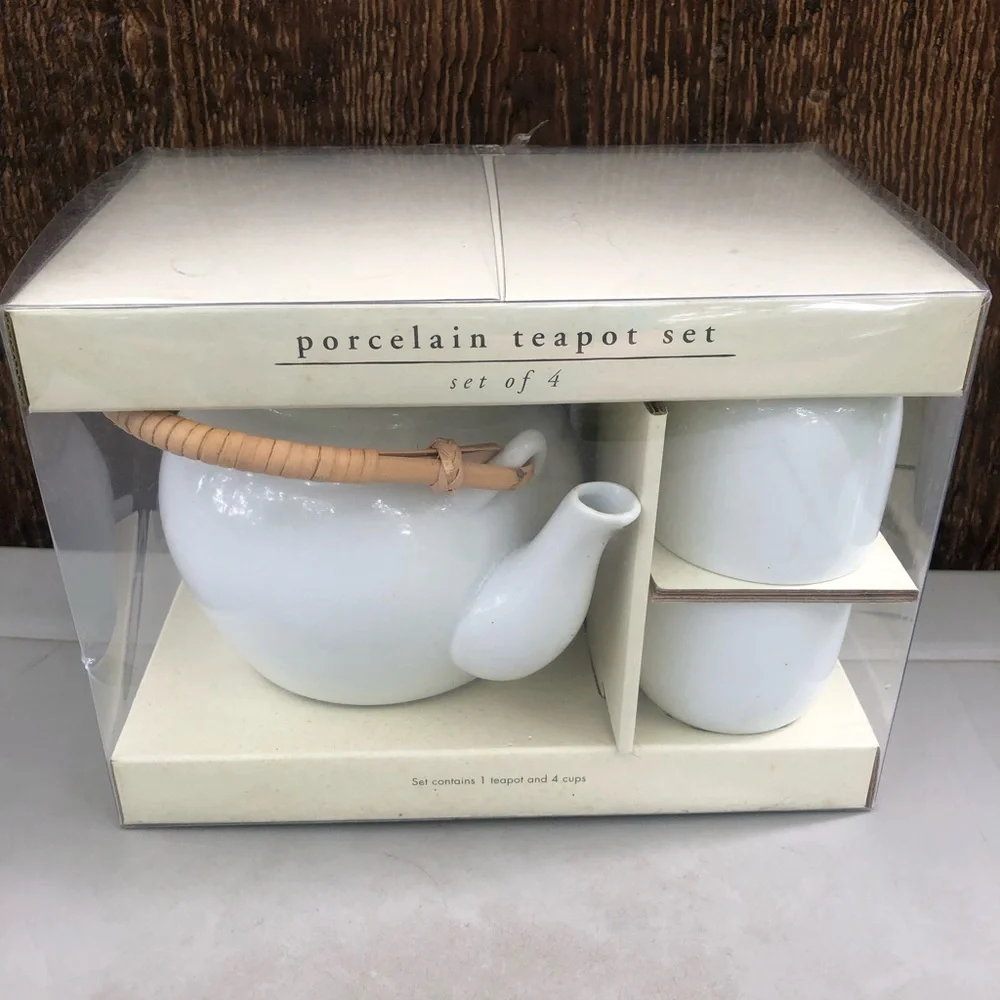 Pier 1 Boxed Porcelain Teapot Set, Teapot & 4 Cups, NIB